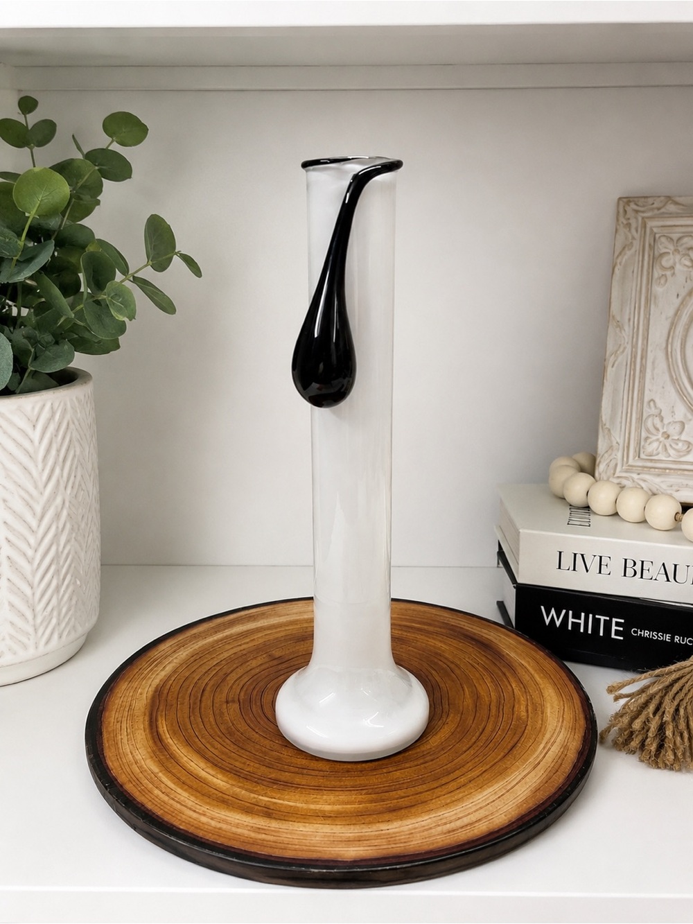 Vintage Tarnowiec Poland Art Glass Vase Jerzy Sluczan-Orkusz White Black MCM 12”